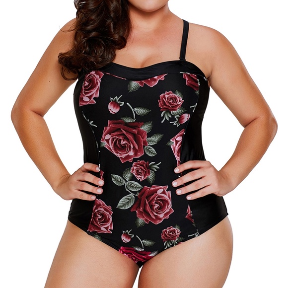 Plus Size Rose Print Hourglass One Piece Swimsuit - Picture 5 of 5